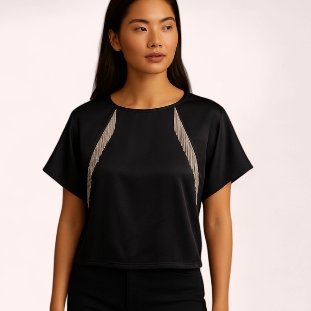 Adrienne Landau Onyx Black Metal Fringe Blouse NWT Size S